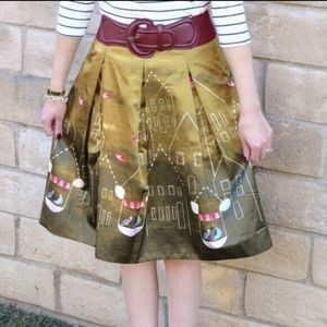 Maeve Anthro Village Bird Box Pleat A-line Green Gold Skirt Size 0P